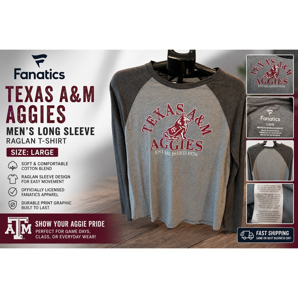 Fanatics Texas A&M Aggies Mens Large Gr Raglan Long Sleeve Shirt NCAA Tri-Blend
